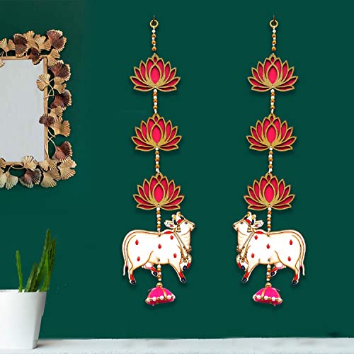 Image of CraftVatika Cow Pichwai Hanging & Golden Lotus Wall Door Decor Hanging MDF for Home, Temple, All Festival Decoration (2 Pc's)