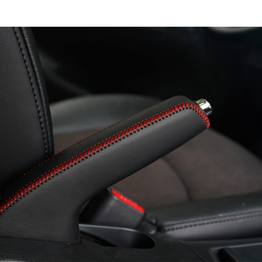 Handbremsengriffe Autohandbremsabdeckungen for Nissan passen Tiida 2011 ~ Automatische Handbremsabdeckung echte Ledergriffe schwarz/roter Faden Handbremse Abdeckung(Noir)