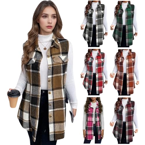 Womens Flannel Plaid Vest Tops Trendy Long Sleeveless Button Down Shirts Jackets Casual Fall Checkered Shacket Coat