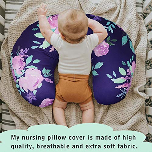 Image of Purple Floral Nursing Pillow Cover, Breastfeeding Pillow Slipcover for Baby Boys & Girls, Nursing Pillow Case for Newborn, Soft Fabric Fits Snug On Infant, Washable & Breathable, Watercolor Flower