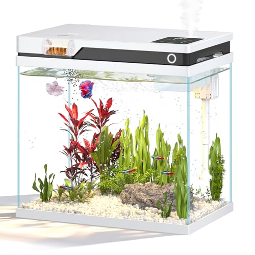Vehipa Acquario Piccolo Completo, Acquario per Pesci Rossi da 26L con alimentatore automatico, umidificatore, pompa silenziosa 4 in 1, display della temperatura e illuminazione regolabile