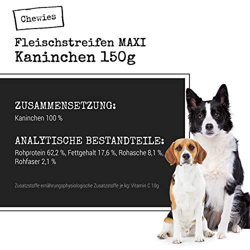 Chewies Fleischstreifen MAXI Hundeleckerli aus 100 % Kaninchenfleisch - 150 g - luftgetrocknete Kaninchen Kaustreifen für Hunde - zuckerfrei & getreidefrei - Dörrfleisch vom Kaninchen