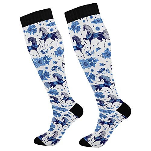 Kigai 1 Pair Blue Horse Floral Compression Socks 20-30Mmhg Knee High Women Socks Tube Athletic Stockings For Men Sport Soccer Running Cycling Medical Nurse Winter Travel #TOP26