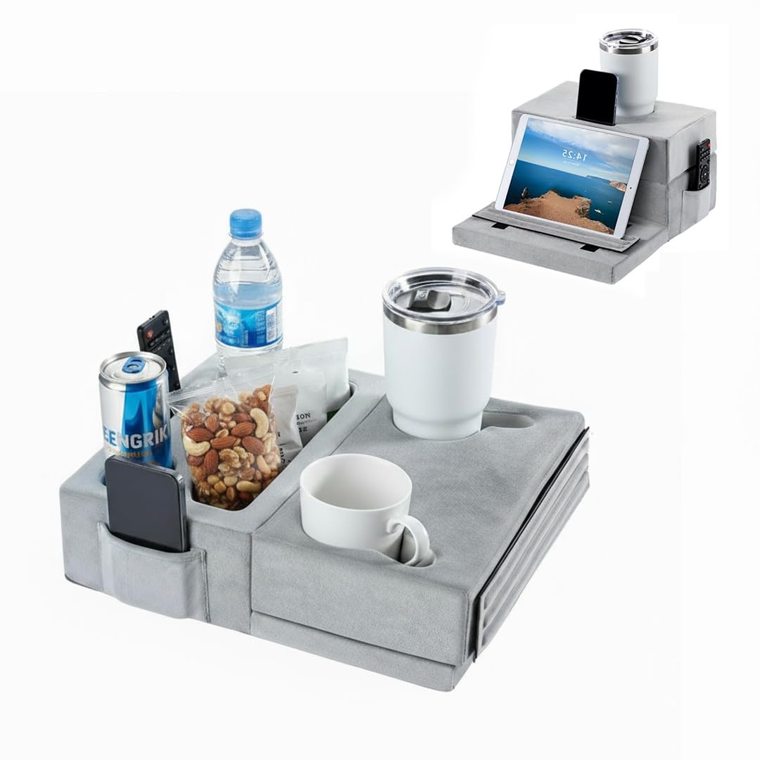 Sofa Cup Holder Tray Pillow - Holds Drinks, Snacks, Remotes & Devices - Cup Holders & Storage Pockets for Couch, Bed Cup Holder (Grey)