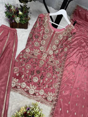 Image of Anveri Women's Pink Embroidered Kurta with Sharara and Dupatta Set | wedding | party | festival