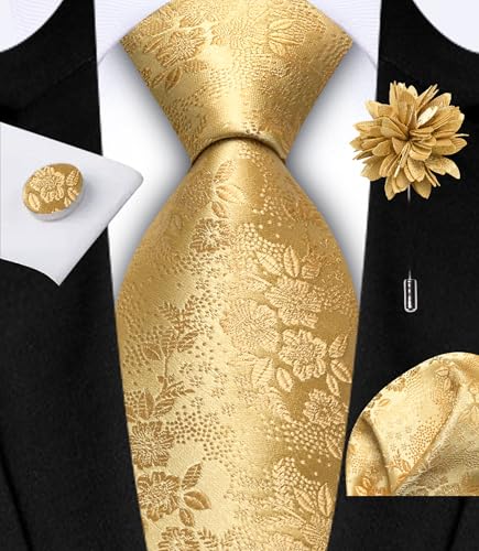 Image of GUSLESON 3.15 inch（8cm） Mens Floral Tie and Lapel Pin Necktie Hankerchief Cufflinks Set for Men