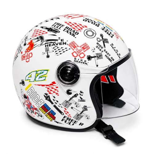 Image of RYDR A Doodle White Graphic Half-Face Helmet for Men & Women with Balaclava, Helmet Bag & Arm Sleeves Combo