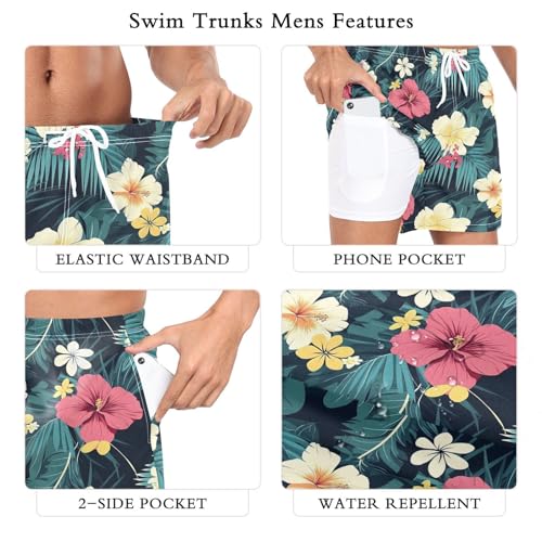 Leaf Flower Art Mens Swim Trunks with Liner, Cool Quick Dry Beach Swim Shorts, Swimwear Bathing Suits S3