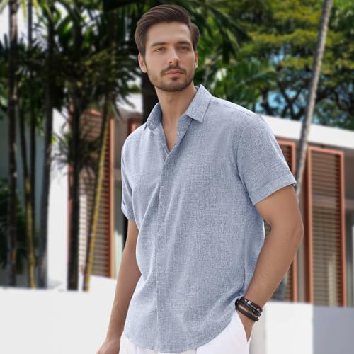 Mens Linen Shirt Classic Button Down Shirt Casual Short Sleeve Blouse Wedding Holiday Summer Tops Lightweight Tee2