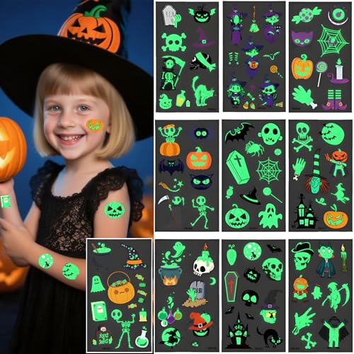 10 Blätter Halloween Kinder Tattoos Glow in the Dark, 100 Stück Tattoo Aufkleber mit Grusel-Motiven (Fledermaus, Kürbis, Geister) für Jungen Mädchen - Wasserdicht & Hautfreundlich für Kostüm-Party