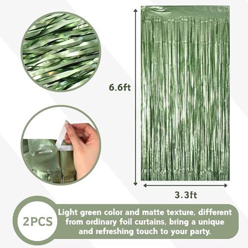 Image of Matte Sage Green Tinsel Foil Curtains Backdrop Party Decorations