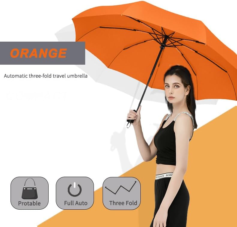 SIEPASA Windproof Travel Compact Umbrella-Automatic Umbrellas for Rain-Compact Folding Umbrella, Travel Umbrella Compact, Small Portable Windproof Umbrellas for Men Women Teenage. (Orange)
