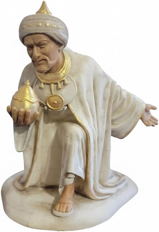 Kneeling Nativity Wise Man Figurine with Gold Accented Gift, Hand-Painted Christmas Decoration for Traditional Nativity Scenes