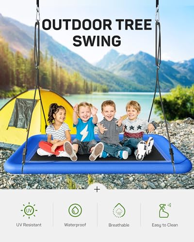 Image of Everyfun Tree Swing for Kids and Adults, 60 inch Waterproof Rectangle Platform Swing, 700lbs Heavy Duty with Adjustable Straps, Blue