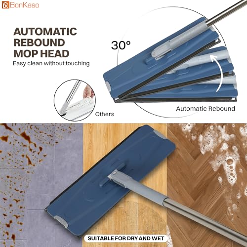 Image of BonKaso Telescopic Flat Mop & Bucket Set with Hands-Free Squeeze System, Microfiber Floor Cleaning Mop for Wet & Dry Cleaning | Includes 2 Reusable Pads for Home, Kitchen, Bathroom & Office | Blue
