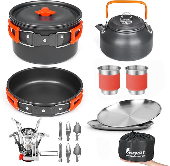 Comparison: Best Pots And Pans For Propane Stove 6 Bisgear Camping Cookware Kettle Backpacking Stove Mess Kit, Camping Pots and Pans Set with Cups Plates Utensils, Camping Kitchen Accessories Cooking Set Survival Gear