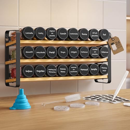 SONGMICS Étagère à Épices à 3 Niveaux, avec 24 Pots en Verre, Organisateur de Cuisine, Porte-épices, avec Étiquettes, Entonnoir, Marqueur, Brosse, Noir...