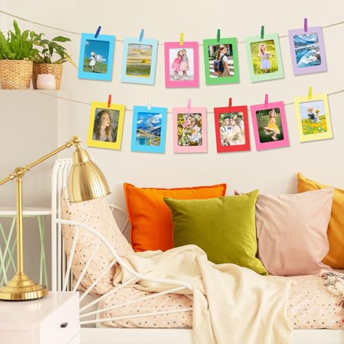 DELAESI Fotogirlande 40 Stück Foto Girlande Papier Bilderrahmen Bunt 10x15 Fotorahmen mit 40 Stück Holzklammern 4 Hanfseil 6 Zoll Fotos Aufhängen für Geburtstag Hochzeit Party Wand DIY Dekoration