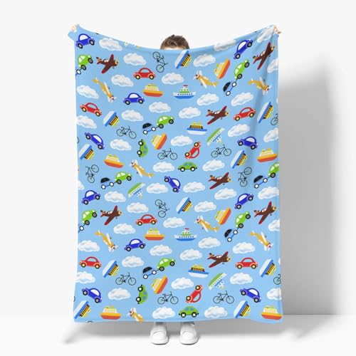 Image of Vintage Planes Airplanes Helicopters Baby Blankets for Boy Girl Hot Air Balloon Plane Clouds Sky Soft Flannel Nursery Bed Blankets for Infant Toddler Crib Swaddle Receiving Blankets Blue 60x80inch