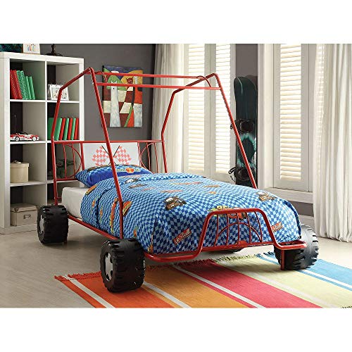 Metal Twin Size Kids Bed With Racer Cart Design ,Go Kart Car Bed For Boys, Twin Bed Frame With Four Wheels And Headboard ,Sturdy Slat System, No Box Spring Needed, Fit For Kids Teens Bedroom,Red #TOP3