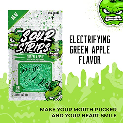 SOUR STRIPS Apple Flavored Sour Candy Strips, Deliciously Sour Chewy Candy Belts, Vegetarian Candies, 12 Strips per Pack, 2 Pack - image 2