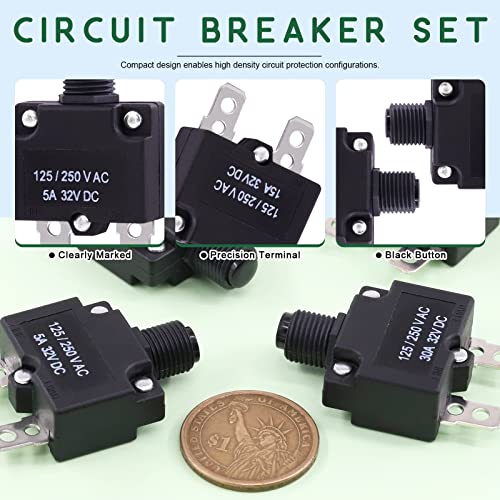 Keadic 40 Pcs 5/10/15/20/30A Push Button Circuit Breaker With Manual Reset Assorted Set Ac125-250V 32Vdc Thermal Circuit Breaker With 19Cm Wire Leads, Female Spade Terminals And Transparent Cap #TOP2