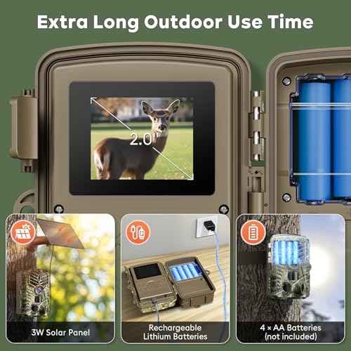 Solareye Trail Camera WiFi Solar Powered, 2.7K 48MP Game Camera with Night Vision Motion Activated with 32GB Micro SD Card, IP66 Waterproof 120° Detection Angle 0.2s Trigger 940nm No Glow LED Wildlife