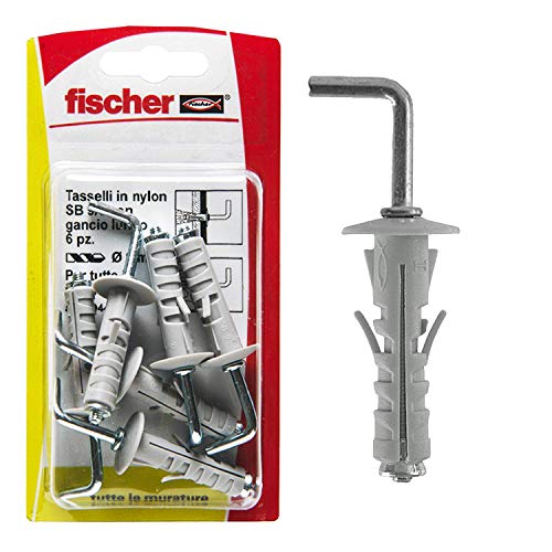 Fischer 6 tacos SB 9 con gancho largo, universales para la fijación de lámparas, espejos, muebles en pared y hormigón, color gris, 504446