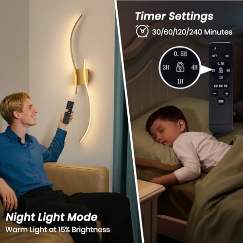 Image of CANEOE Battery Operated Wall Sconce Set of 2, 18000mAh Gold Rechargeable Wall Lights with Remote Control,3000K-6000K Dimmable LED Wireless Wall Light for Living Room Bedroom Hallway,39.3 Inch (Gold)