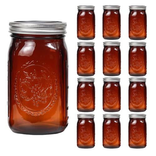 Lonriva Amber Glass Mason Jars 32oz Wide Mouth Jars 12 Pcs Air Tight Leak Resistant Large Canning Jars Quart Mason Jars for Canning Storing Food Spices Meal Prep and Overnight Oats