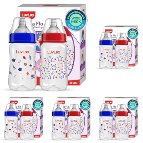Image of LuvLap Anti-Colic Wide Neck Natura Flo Baby Plastic Feeding Bottle, 250Ml (Pack of 10), New Born /Infants /Toddler Upto 3 Years, Stars, BPA Free