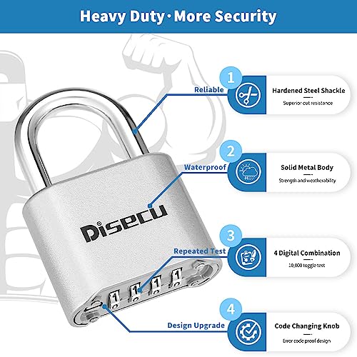 Image of 1 Pack disecu Heavy Duty 4 Digit Combination Lock, Anti-Error Feature, Outdoor WaterproofPadlock for School Gym Locker, Fence, Gate, Hasp Storage, Toolbox (Silver)