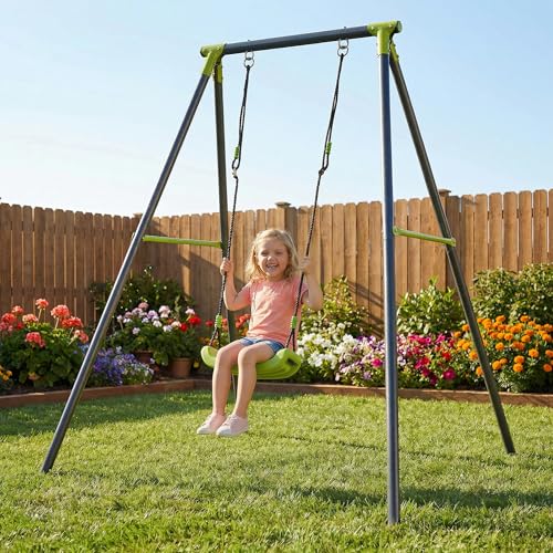 Portique Balancoire Exterieur – Enfants 3-10 Ans, Structure Acier A-Frame, Ancrages au Sol Inclus, Charge Max 45 kg, Vert, 150x140x180 cm – Jeu Jardin