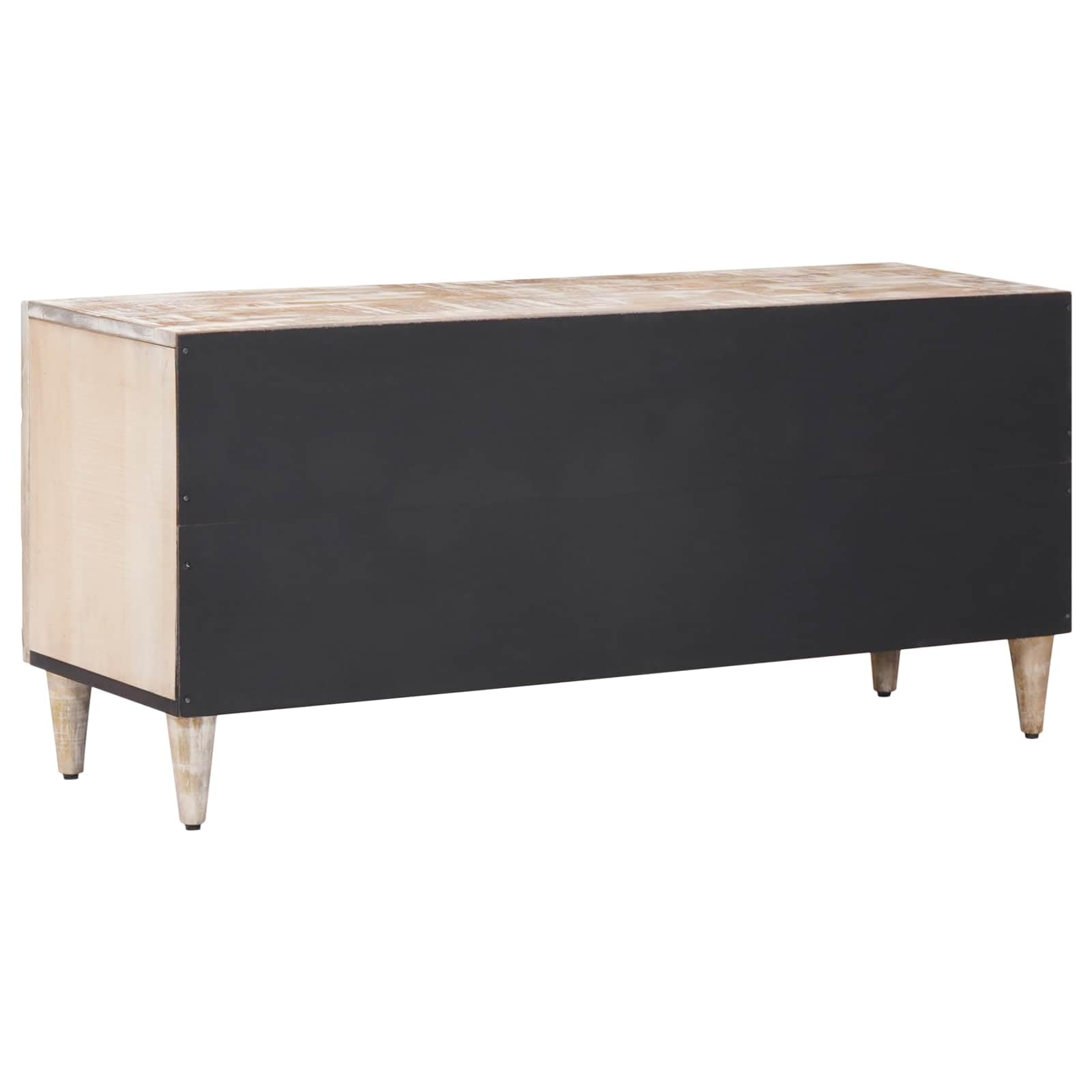 Mobile TV bianco in legno massiccio di mango, 105 x 33,5 x 46 cm, con spazio e gestione dei cavi, cassettiera bassa per soggiorno, ufficio, home theater, CD, DVD e scaffale