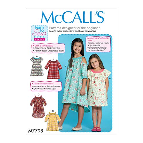 McCall Pattern Company McCall's M7798 Learn Girl's Cold Shoulder and Raglan Sleeve Dress Sewing Patterns, Sizes 7-14, 7-8-10-12-14, White