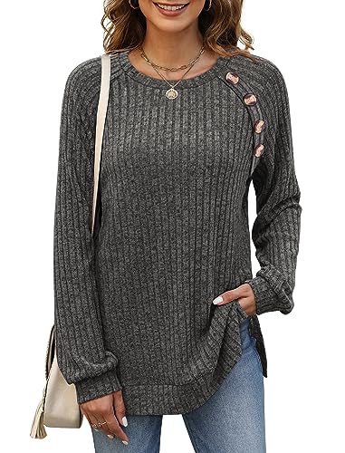 Image of Bofell Long Sleeve Shirts for Women Lightweight Button Decor Tunic Tops Side Split
