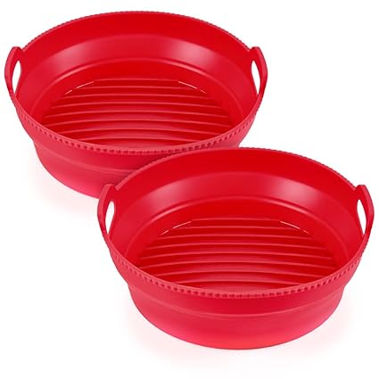 SameTech 2PCS Foldable Air Fryer Silicone Liner for 4-7QT 8.5inch Basket Reusable Air Fryer Liners Silicone Dishwasher Safe Heat Resistant Air Fryer Pot Replacement of Flammable Paper Liner (Red)
