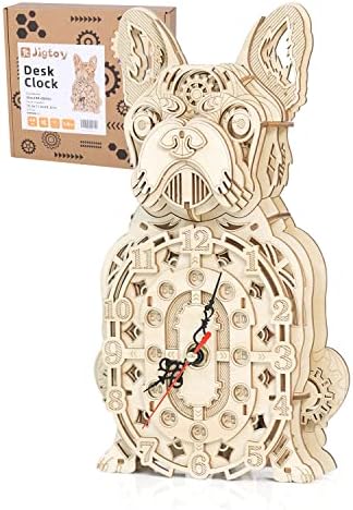 Unique Wooden 3D Puzzles for Adults and Kids Desk Clock Decor for Christmas Day/Birthday Gift, Mechanical Bulldog Desk Clock Model
