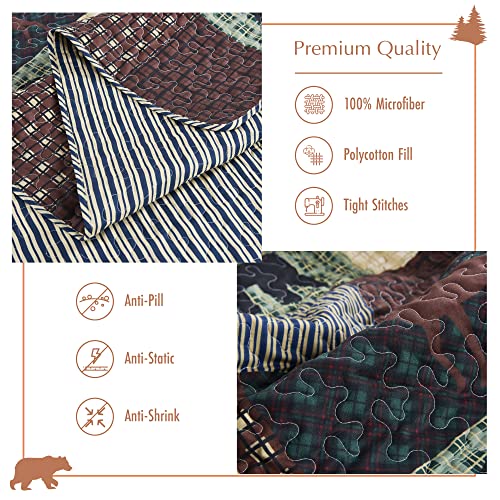 Virah Bella 3 Piece Queen Lodge Quilt Bedding Set - Wilderness Patch - Rustic Cabin Country Reversible Camping Comforter Set With Decorative Pillow Shams, Brown/Grey #TOP3