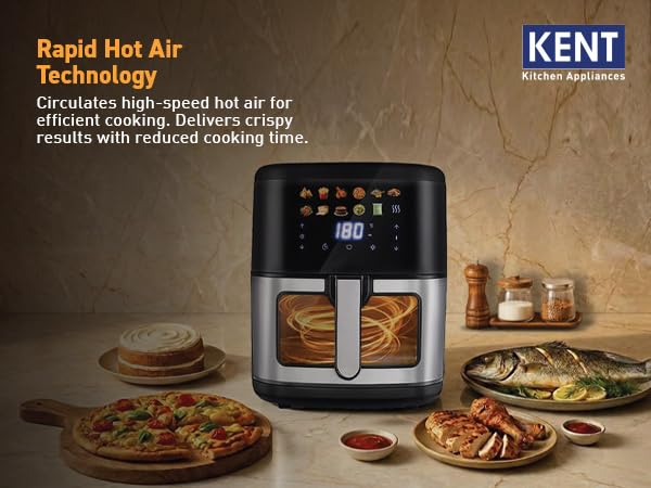 Image of KENT Digital Air Fryer 7L | 1500W | Bake, Grill & Roast | Up to 80% Less Oil Usage | 12 Preset Menu | Digital Display & Touch Control Panel | Glass Window with in built Light | Auto Cut-Off | Silver