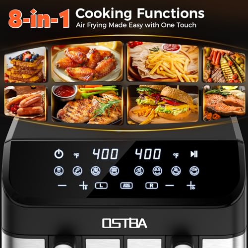 Image of OSTBA 9.5QT Double Air Fryer, 1700W Dual Air Fryer with 2 Independent 4.25QT Stainless Steel Baskets, Digital Touchscreen, Sync Finish, 8 Presets, Auto Shutoff, Nonstick Dishwasher Safe