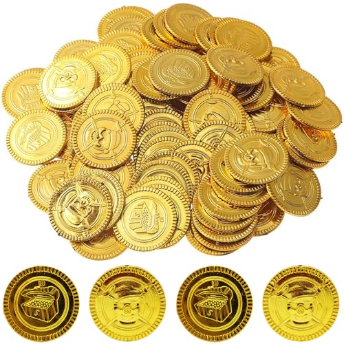Binnan 100 Piezas Monedas Doradas de Pirata, Monedas Oro de Plástico, Accesorios Piratas, Monedas de Oro, Monedas Simuladas para Juegos