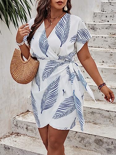 Image of WDIRARA Women's Plus Size Tropical Print V Neck Short Sleeve Wrap Tie Side Boho Dress