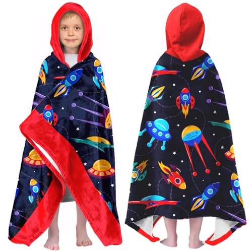 Image of Universe Boys Beach Towel with Hoodie for Kids Toddlers Age 4-8,Starry Sky Blue Bath Towels Shower Wrap for Boys, Hooded Poncho Beach Blanket for Pool Swimming Cute Wearable Bath Towel for Child