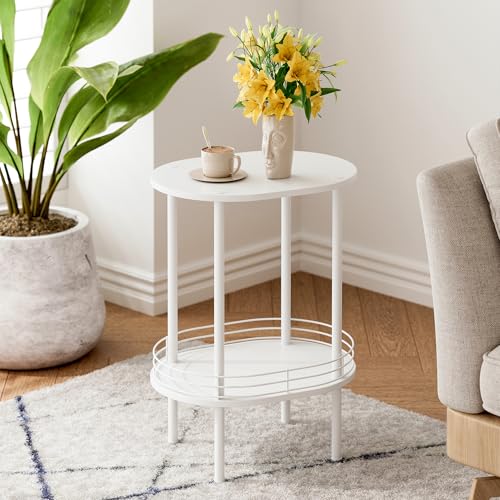 Image of Small Modern Oval Side Table with Storage,2-Tier Side Tables Living Room,Sturdy Nightstand for Small Space - Living Room, Bedroom, Bathroom, Nursery (1PC,White)
