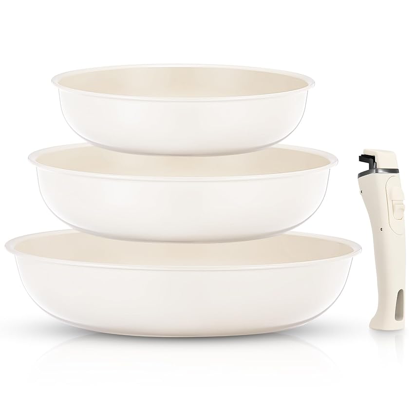 FOHERE Padelle Antiaderenti con Manico Removibile, Set 3 Padelle Ceramica 20/24/28 CM, Induzione Per Tutti I Piani Cottura, Lavabile in Lavastoviglie e Forno, Alluminio, Beige