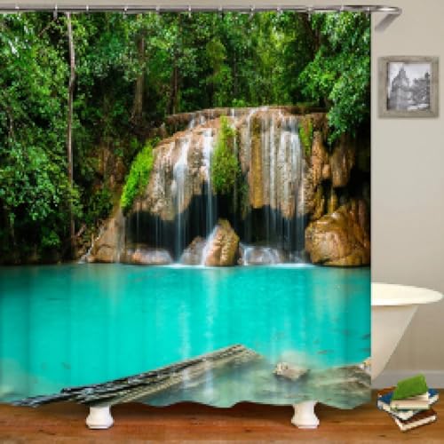 Rideau de douche paysage forêt cascade 3D polyester imperméable 90x200cm