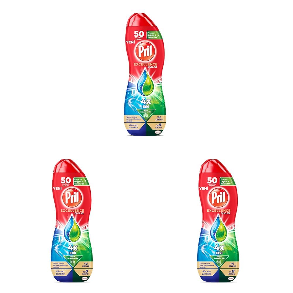 Pril Excellence Duo Jel Bulaşık Makinesi Deterjanı 900ml 50 Yıkama Yağ Çözücü (3 paketi)
