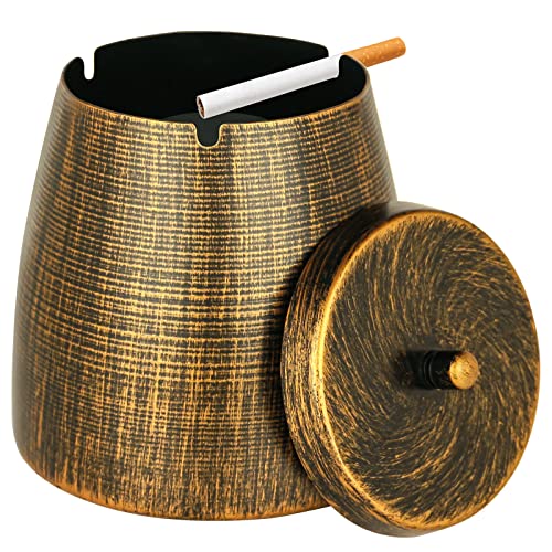 OILP Cenicero para exteriores con tapa, cenicero sin humo para cigarrillos, puros al aire libre, interior, impermeable, sin olor, cenicero de metal retro para patio, hogar, decoración de mesa exterior