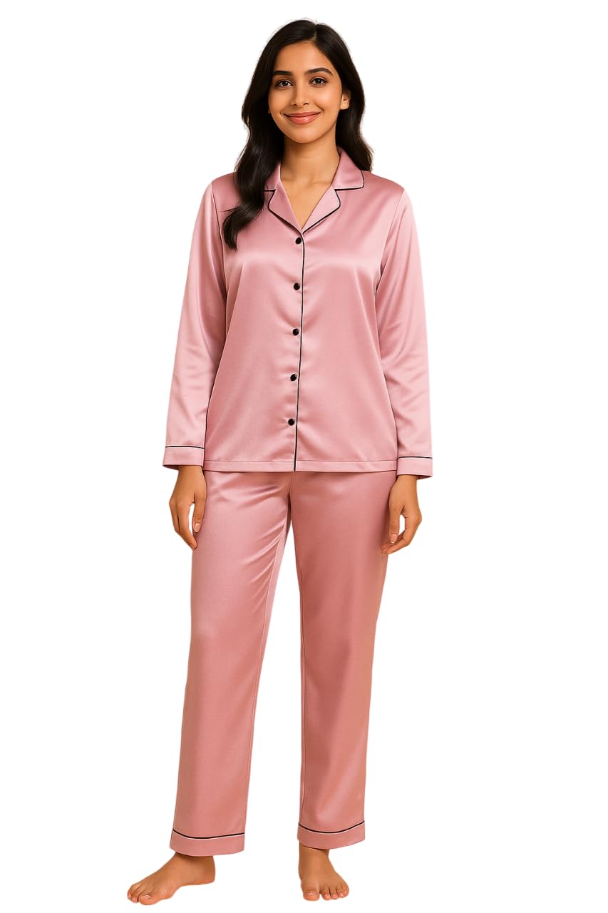 g-ka Women Satin Night Suit Set Pink Solid,Mandarin Neck Full Sleeve Nightsuit Set | Pajama Set | Casual Night Dress for Women-picture-15